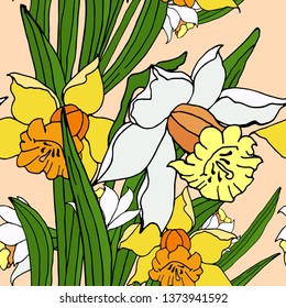 Narcissus seamless pattern. Peach background.
