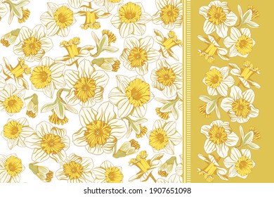 narcissus seamless pattern; primrose on a mustard background, editable gold pattern use as a background in packaging or textiles or bedding