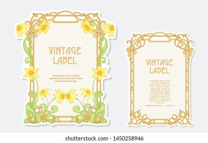 Narcissus. Set of 2 labels, decorative frames, borders. Good for product label. with place for text Vector illustration. In art nouveau style, vintage, old, retro style. Isolated on white background.	