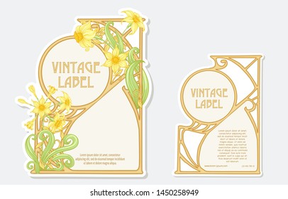 Narcissus. Set of 2 labels, decorative frames, borders. Good for product label. with place for text Vector illustration. In art nouveau style, vintage, old, retro style. Isolated on white background.	