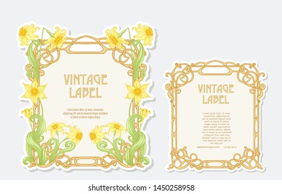 Narcissus. Set of 2 labels, decorative frames, borders. Good for product label. with place for text Vector illustration. In art nouveau style, vintage, old, retro style. Isolated on white background.	