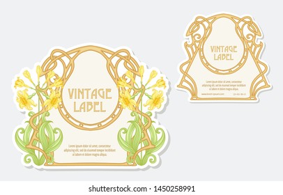 Narcissus. Set of 2 labels, decorative frames, borders. Good for product label. with place for text Vector illustration. In art nouveau style, vintage, old, retro style. Isolated on white background.	