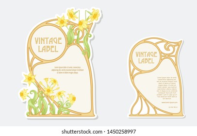 Narcissus. Set of 2 labels, decorative frames, borders. Good for product label. with place for text Vector illustration. In art nouveau style, vintage, old, retro style. Isolated on white background.	