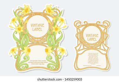 Narcissus. Set of 2 labels, decorative frames, borders. Good for product label. with place for text Vector illustration. In art nouveau style, vintage, old, retro style. Isolated on white background.	