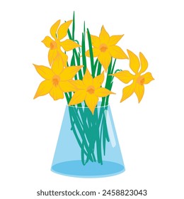 Narcissus in vase. Yellow Spring flowers bouquet. Vector illustration isolated for seasons greeting postcard, poster, wedding invitation, web banner, spring sale advertising, gardening, holiday 