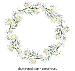 Narcissus wreath. Spring flowers. Watercolor and ink. For postcards, invitations, notebooks, diaries, brochures, books, catalogs, etc. Vector illustration.