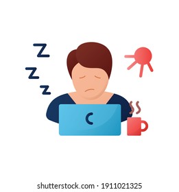 Narcolepsy flat icon. Sleep disorder. Healthy sleeping concept. Sleep problems treatment. Falling asleep in day time. Stress. Fatigue. Health care. Color isolated vector illustration 