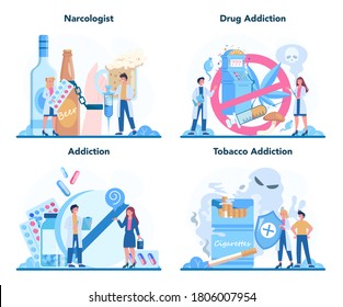 Narcologist concept set. Professional medical specialist. Drug and tobacco addiction. Idea of medical treatment for drug addicted people. Isolated flat vector illustration