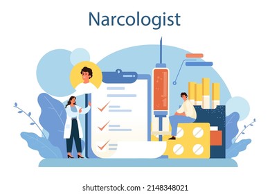 Narcologist concept. Specialist provide help for people with addiction. Drug, alcohol and tobacco addiction. Narcological center addicted people. Flat vector illustration