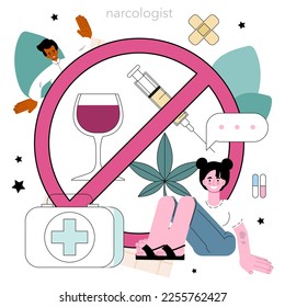 Narcologist concept. Specialist provide help for people with addiction. Drug, alcohol and tobacco addiction. Narcological center for addicted people. Addiction awareness. Flat vector illustration