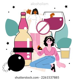 Narcologist concept. Specialist provide help for people with addiction. Alcohol addiction awareness. Narcological center for addicted people. Flat vector illustration