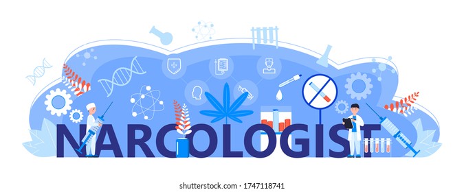 Vector de concepto narcólogo para la página de aterrizaje. Pequeños médicos tratan a los humanos contra las drogas, la adicción al tabaco. Ilustración de Narcología para la web de cabecera. Los psiquiatras ayudan a los pacientes, dan consejos de salud mental.