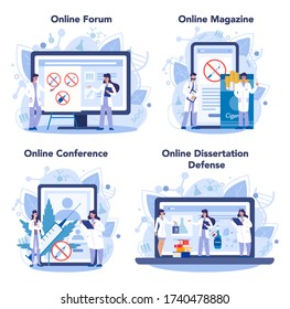 Narcologist online service or platform set. Specialist treat human against drug, alcohol and tobacco addiction. Online forum, magazine, dessertation defense and conference. Vector illustration