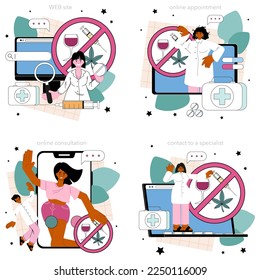 Narcologist online service or platform set. Specialist help for people with addiction. Drug, alcohol and tobacco addiction. Online appointment, consultation, contact, website. Flat vector illustration