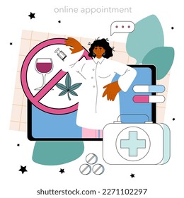 Narcologist online service or platform. Specialist help for people with addiction. Drug, alcohol and tobacco addiction. Online appointment. Flat vector illustration