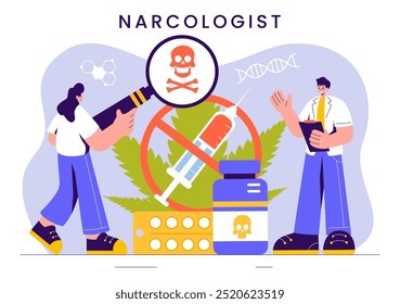 Narcologist Vector Illustration Featuring a Doctor, Drug Addiction Awareness, and Alcohol and Tobacco Issues in Healthcare in a Flat Background