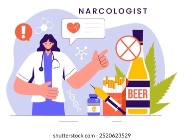 Narcologista Ilustração Vetorial Apresentando um Médico, Toxicodependência Consciência, e Problemas de Álcool e Cigarro na Saúde em um Plano de Fundo Plano