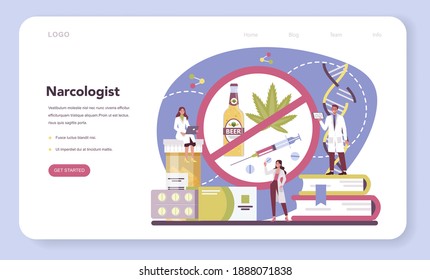 Narcologist web banner or landing page. Professional medical specialist. Drug, alcoholic and tobacco addiction. Idea of medical treatment for drug addicted people. Isolated vector illustration