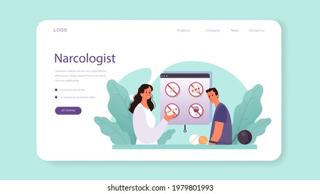 Banner web o página de aterrizaje de narcólogos. Especialista en medicina profesional. La adicción a las drogas y al tabaco. Idea de tratamiento médico para drogadictos. Ilustración vectorial plana aislada