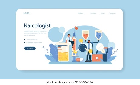 Narcologist web banner or landing page. Specialist provide help for people with addiction. Drug, alcohol and tobacco addiction. Narcological center addicted people. Flat vector illustration