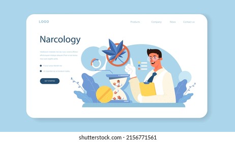 Narcologist web banner or landing page. Specialist provide help for people with addiction. Drug, alcohol and tobacco addiction. Narcological center addicted people. Flat vector illustration