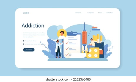 Narcologist web banner or landing page. Specialist provide help for people with addiction. Drug, alcohol and tobacco addiction. Narcological center addicted people. Flat vector illustration