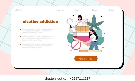 Narcologist web banner or landing page. Specialist provide help for people with addiction. Drug, alcohol and tobacco addiction. Narcological center for addicted people. Flat vector illustration