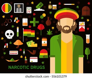 narcotic drugs concept background. Flat icons.