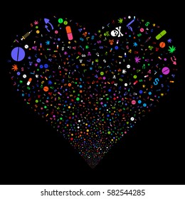 Narcotic Drugs fireworks with heart shape. Vector illustration style is flat bright multicolored iconic symbols on a black background. Object salute done from scattered pictograms.