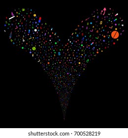 Narcotic Drugs fireworks stream. Vector illustration style is flat bright multicolored iconic narcotic drugs symbols on a black background. Object fountain combined from random symbols.