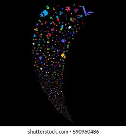 Narcotic Drugs random fireworks stream. Vector illustration style is flat bright multicolored iconic symbols on a black background. Object fountain constructed from scattered pictograms.