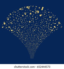 Narcotic Drugs salute stream. Vector illustration style is flat yellow iconic symbols on a blue background. Object fireworks fountain combined from random symbols.