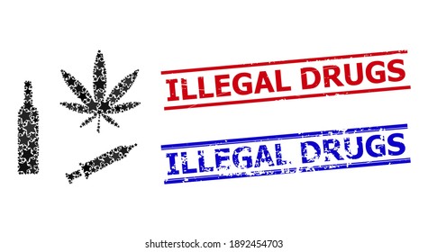Patrón estelar de drogas narcóticas y estampillas de drogas ilegales. Sellos rojos y azules con superficie corroída y eslogan de drogas ilegales.