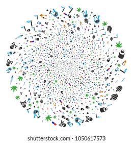 Narcotic Drugs swirl exploding globula. Object whirlpool organized from scattered narcotic drugs items. Vector illustration style is flat iconic symbols.