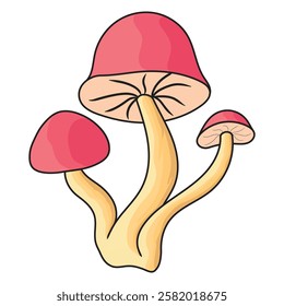 Narcotic mushroom pop art vector illustration. Three mushrooms sticker with red caps. Dasi food clipart. Cartoon red mushroom vector illustration isolated on white background. Cute edible mushroom 