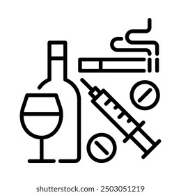 Narcóticos, alcohol, cigarrillos, icono de las drogas. Estilo de contorno. Vector. Aislar sobre fondo blanco.