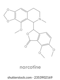 Narcotine (noscapine) structure. Molecule of alkaloid found in plants. Used as an antitussive medication.