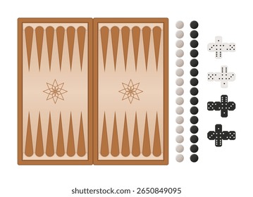 Nard Backgammon tables game. Vector template with board, checkers and dice.