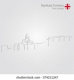 Narikala fortress contour, St Nicholas church, Tbilisi, Georgia. Vector Illustration.