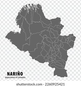 Narino Department of Colombia map on transparent background. Blank map of  Narino with  regions in gray for your web site design, logo, app, UI. Colombia. EPS10.