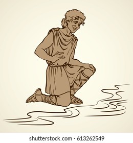 Narkissos (Grecian fable), son of pond god and nymph. Proud strong egotistic self-affected lad. Freehand outline ink hand drawn background sketchy in art retro contour style and space for text on lake