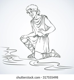 Narkissos (Grecian fable) a son of river god and nymph. He was proud, he disdained those who loved him. Vector outline freehand ink drawn background sketch in art antiquity style with space for text