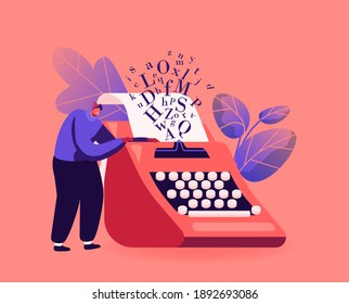 Narration Hobby, Creativity Concept. Tiny Male Character Writer or Professional Author Stand at Huge Typewriter, Man Create Books Composition, Writing Poetry or Novel. Cartoon Vector Illustration