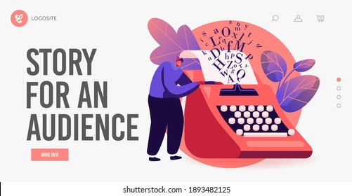 Narration Hobby Landing Page Template. Tiny Male Character Writer Or Professional Author Stand At Huge Typewriter, Man Create Books Composition, Writing Poetry Or Novel. Cartoon Vector Illustration