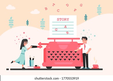 Narration, Writing, Story, Literature Concept. Young Man And Woman Writers Authors Typing Narrative Text Novels Together. Storytelling Book Development And Creative Idea Imagination Illustration.