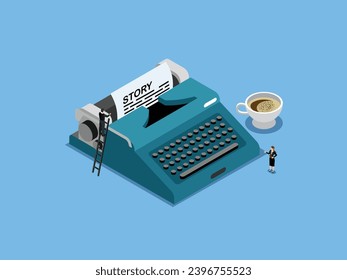 Narrative scene development with typewriter isometric 3d vector concept