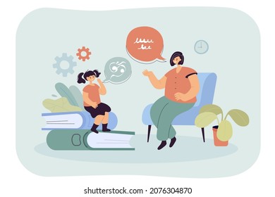 Narrative speech therapist and her little client articulating. Cartoon speech-language pathologist having therapy session with female child flat vector illustration. Basic language skills concept