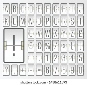 Narrow airport terminal mechanical flip scoreboard alphabet font with numbers to display flight departure, destination or arrival information and timetable. Vector illustration.