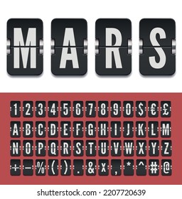 Narrow airport terminal mechanical scoreboard font with numbers for flight destination or arrival info. Vector illustration. Retro airline flip board alphabet to display departure to Mars planet