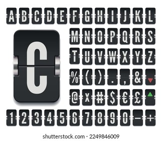 Narrow airport terminal mechanical scoreboard font with numbers for stock exchange rates. Vector illustration. Retro airline flip board alphabet to display departure or financial information